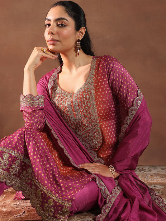 Women Bandhani Printed Regular Sequinned Kurta with Trousers & With Dupatta