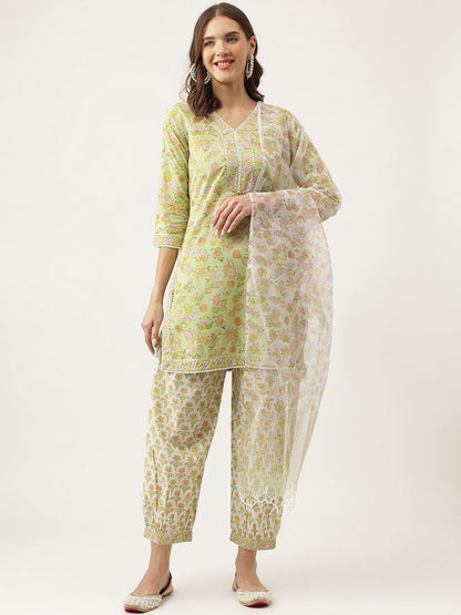 Dhiyona KL Floral Printed Gotta Patti Pure Cotton Kurta With Salwar & Dupatta