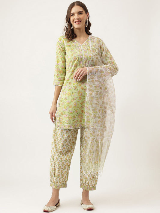 Dhiyona KL Floral Printed Gotta Patti Pure Cotton Kurta With Salwar & Dupatta