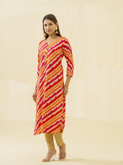 Dhiyona OD  Orange Striped Round Neck Gotta Patti Straight Kurta
