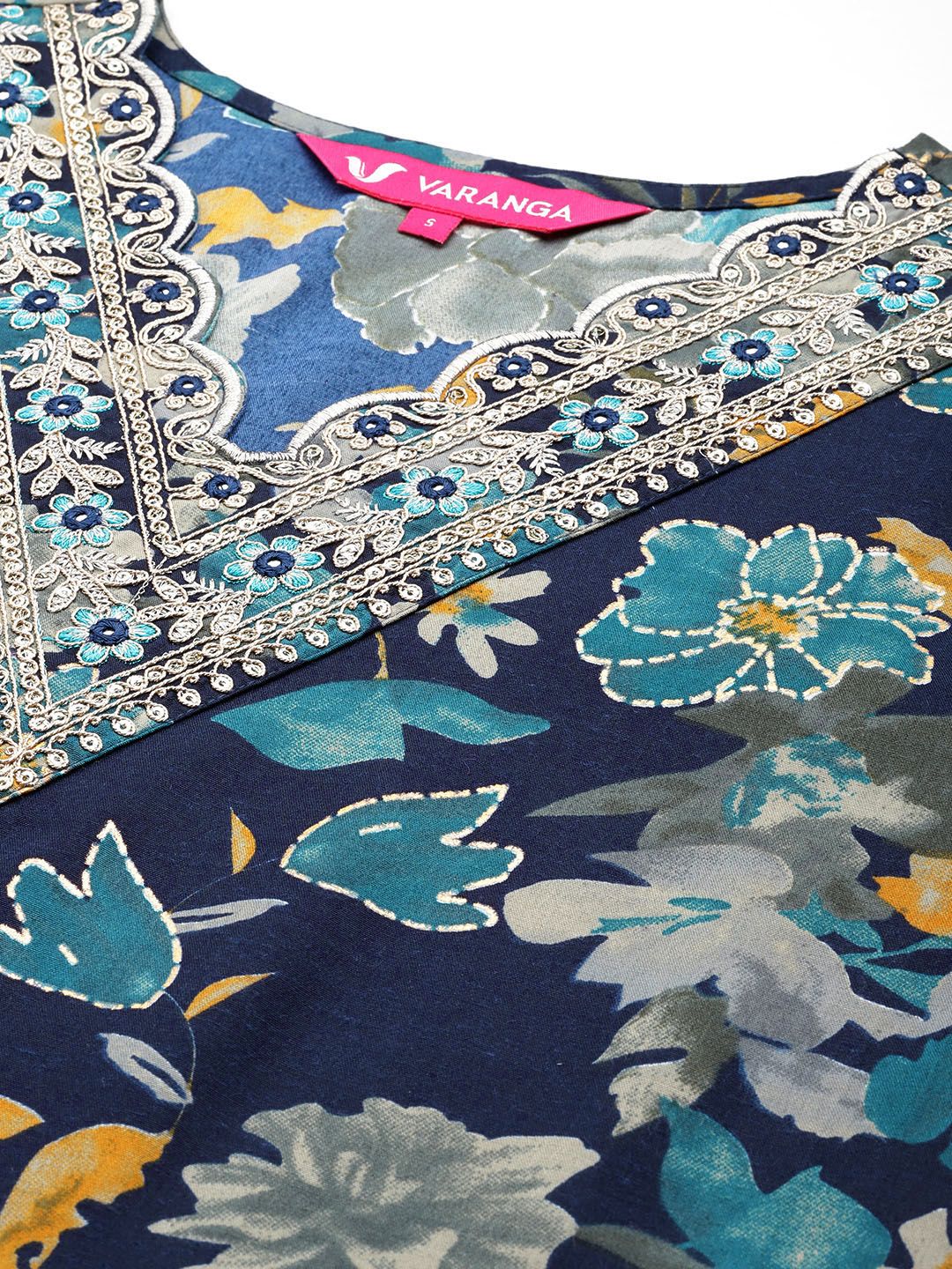 Blue Floral Printed Zari Embroidered Kurta with Trouser & Dupatta
