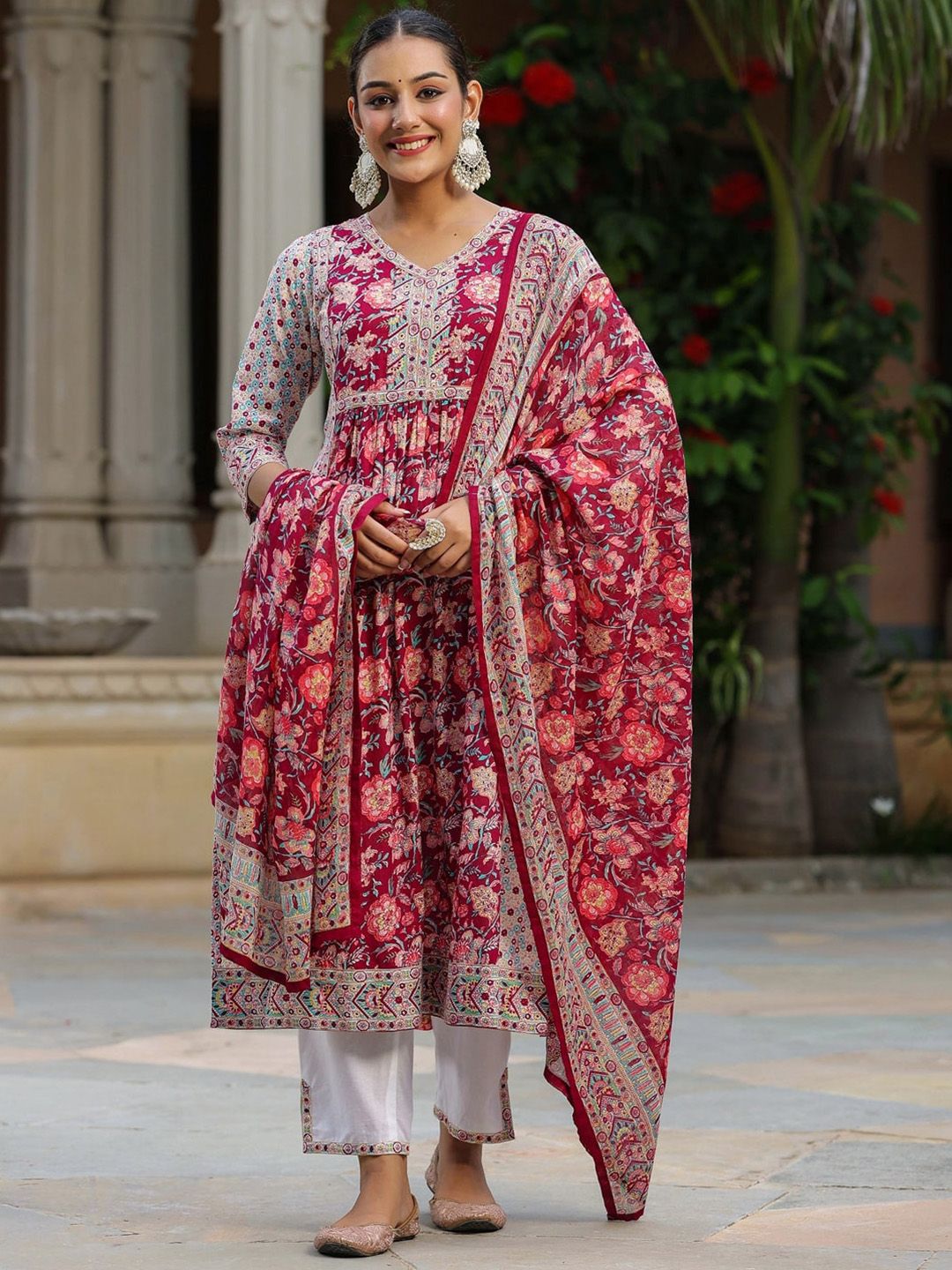 Dhiyona RR Women's Floral Printed Pure Cotton A-line Kurta With Trousers & Dupatta