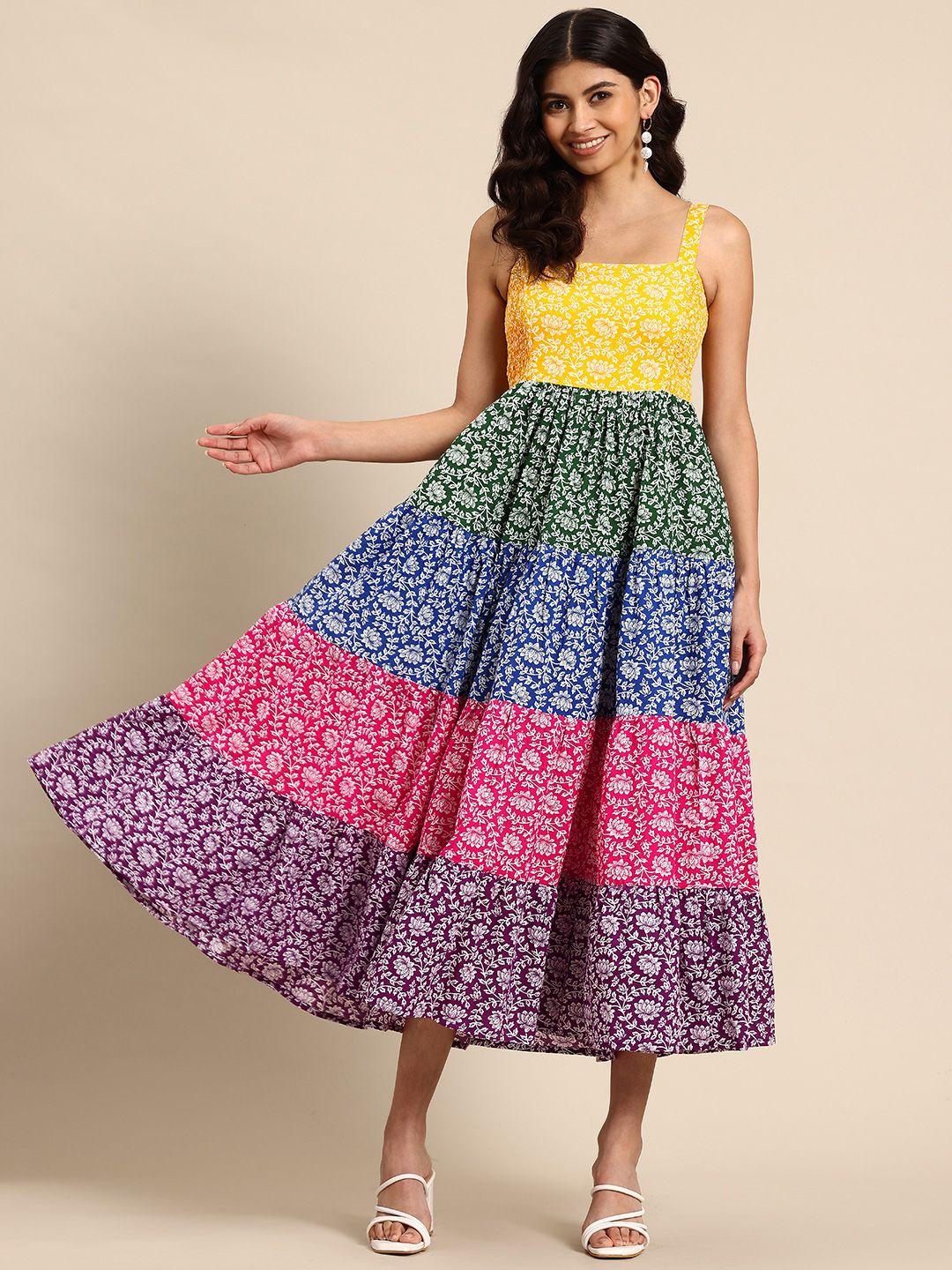 Dhiyona AY Women's Floral Printed Tiered Fit & Flare Midi Ethnic Dress