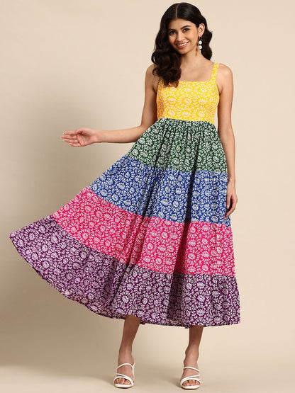 Dhiyona AY Women's Floral Printed Tiered Fit & Flare Midi Ethnic Dress