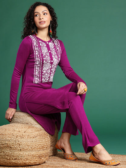 Floral Printed Band Collar Kurta with Trousers