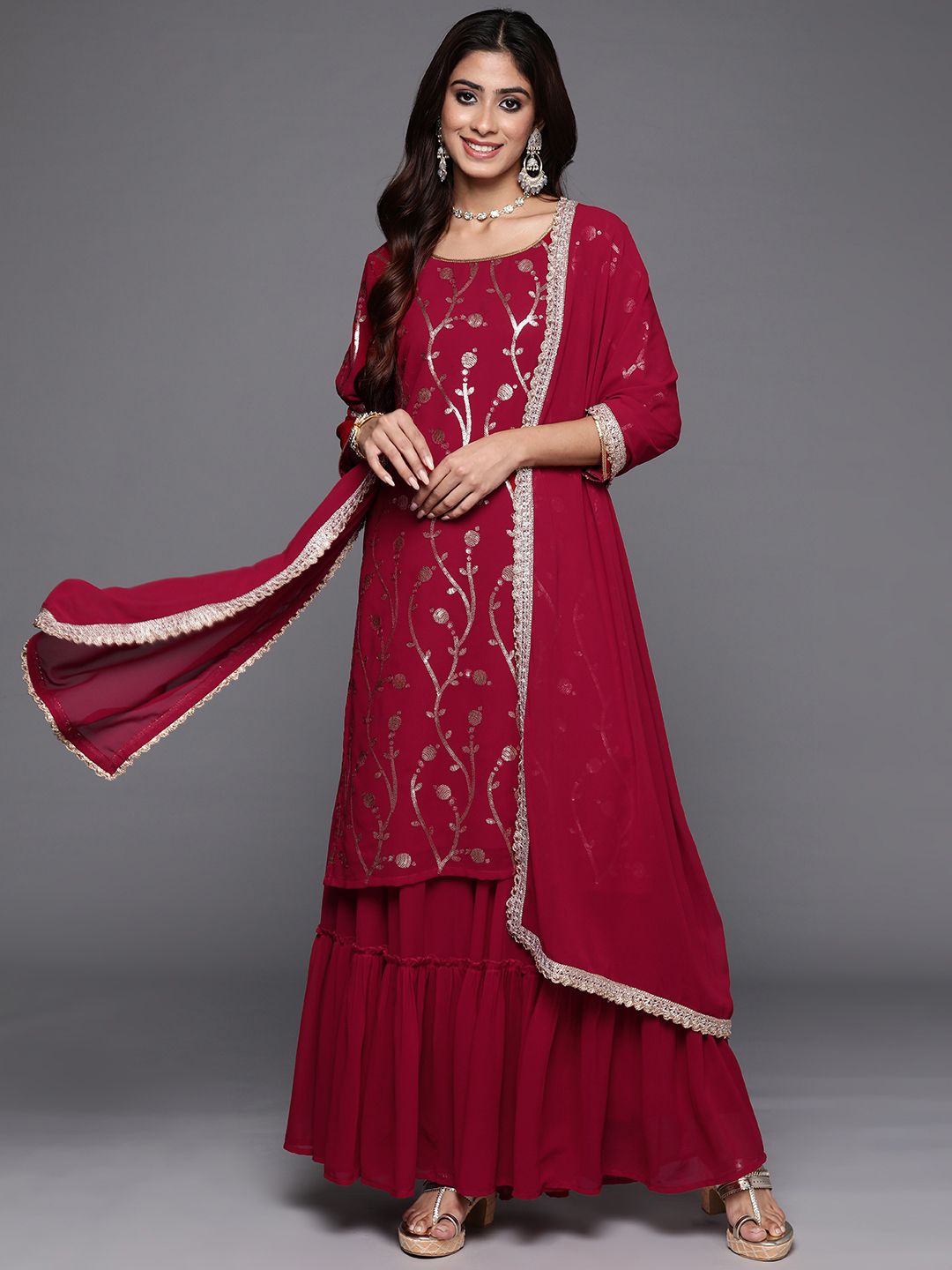 Dhiyona IE Women Floral Embroidered Regular Sequined Kurta with Sharara & Dupatta