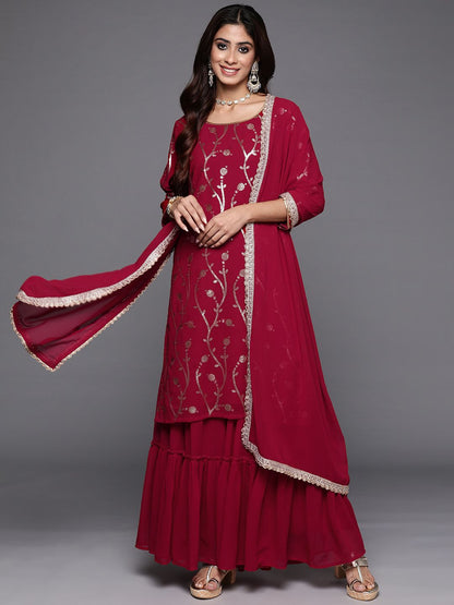 Dhiyona IE Women Floral Embroidered Regular Sequined Kurta with Sharara & Dupatta