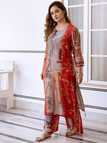 Dhiyona IS Women's Abstract Printed Round Neck Straight Kurta with Palazzos