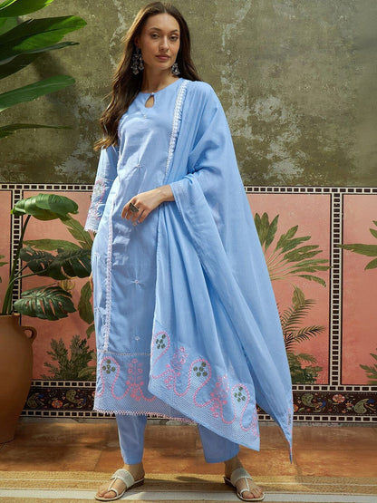 Embroidered Pure Cotton Keyhole Neck Kurta & Trousers With Dupatta
