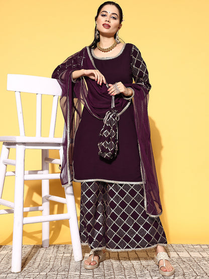 Women Purple Poly Georgette Ethereal Embroidery Kurta Set With Potli