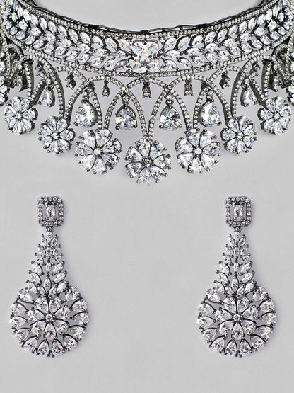 Dhiyona RJ Women's Silver-Plated Floral Design with AAA CZ Studded Jewellery Set