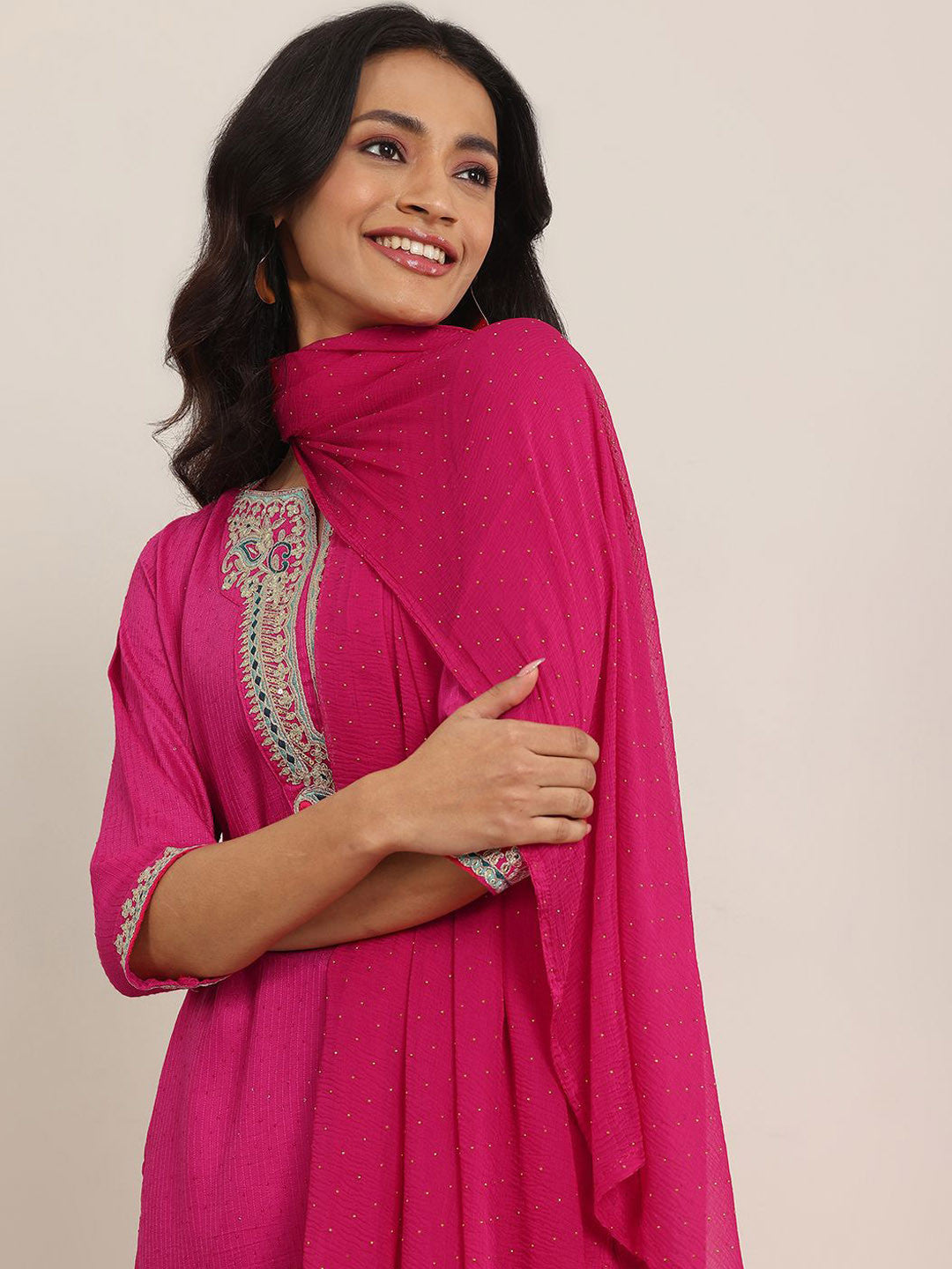 Floral Yoke Design Sequnnied Straight Kurta With Trousers & Dupatta
