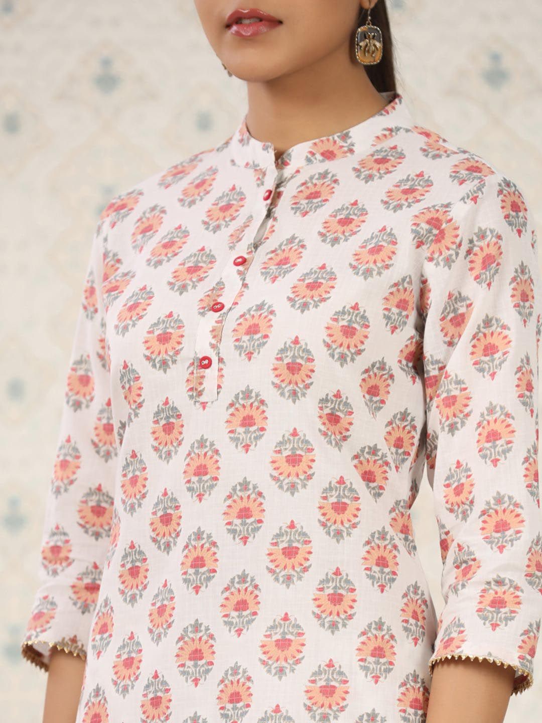 Dhiyona OD  Ethnic Motifs Printed Band Collar Pure Cotton Kurta with Trousers