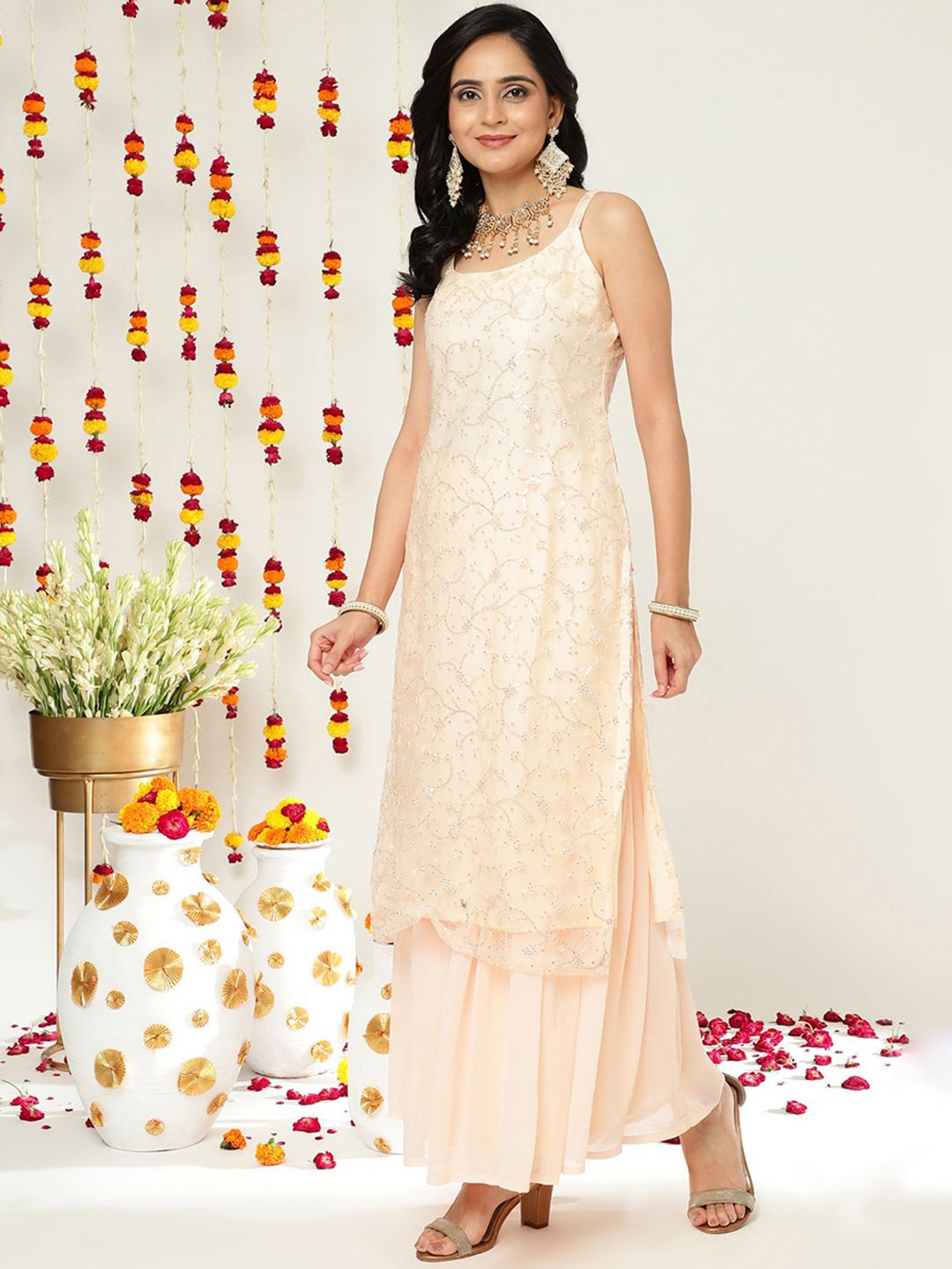 Dhiyona VA Floral Embroidered Sequinned Straight Kurta & Sharara With Dupatta