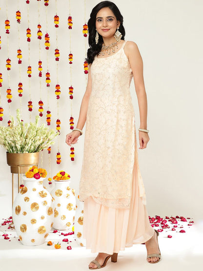 Dhiyona VA Floral Embroidered Sequinned Straight Kurta & Sharara With Dupatta