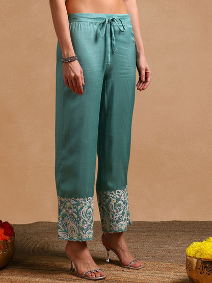 Dhiyona KL Floral Embroidered Pleated Thread Work Kurta with Palazzos & Dupatta