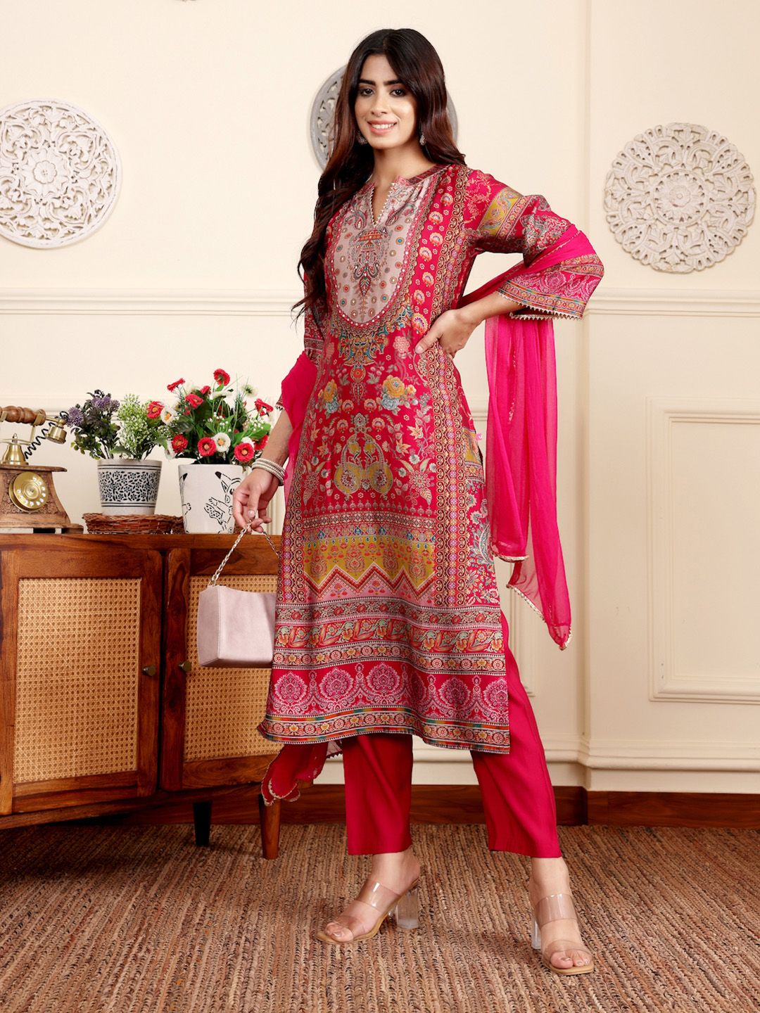 Fuchsia Ethnic Motifs Printed Gotta Patti Chanderi Silk Kurta With Trousers And Dupatta