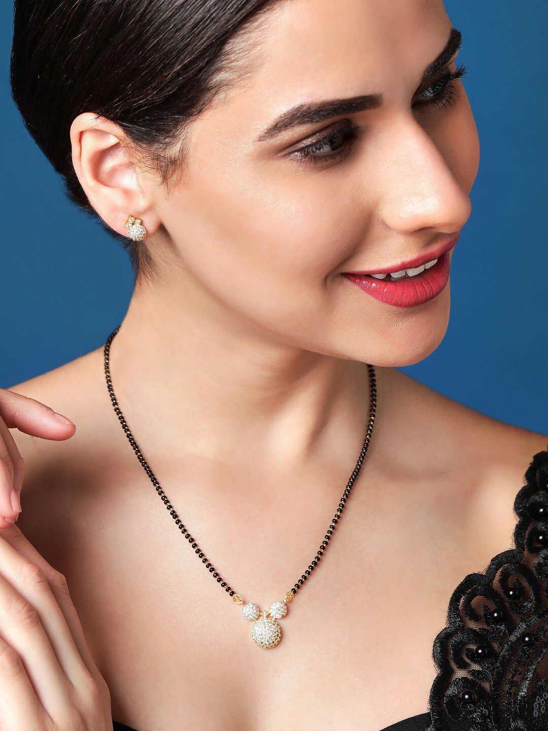 Dhiyona RJ Women's 18k Gold-Plated Mangalsutra with Cubic Zirconia Studded Round Pendant & Earrings