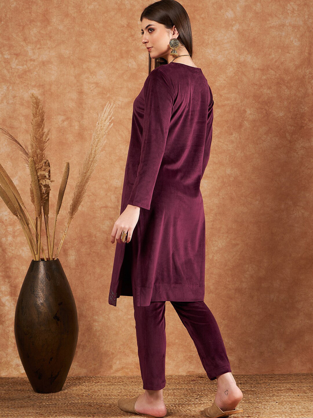 Beads and Stones Embellished Winter Velvet Straight Kurta & Trousers