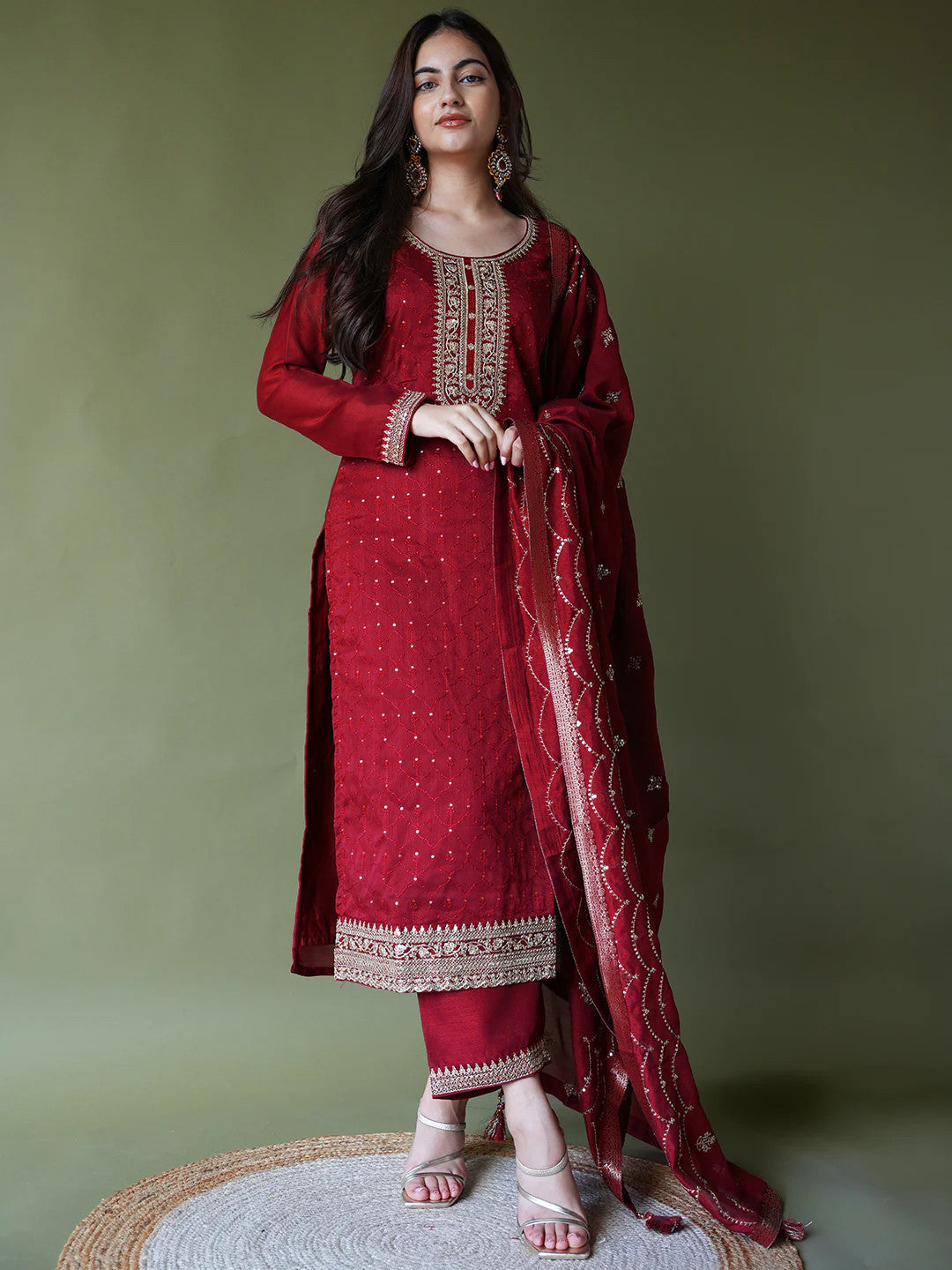 Maroon Floral Embroidered Sequined Kurta With Trousers & Dupatta