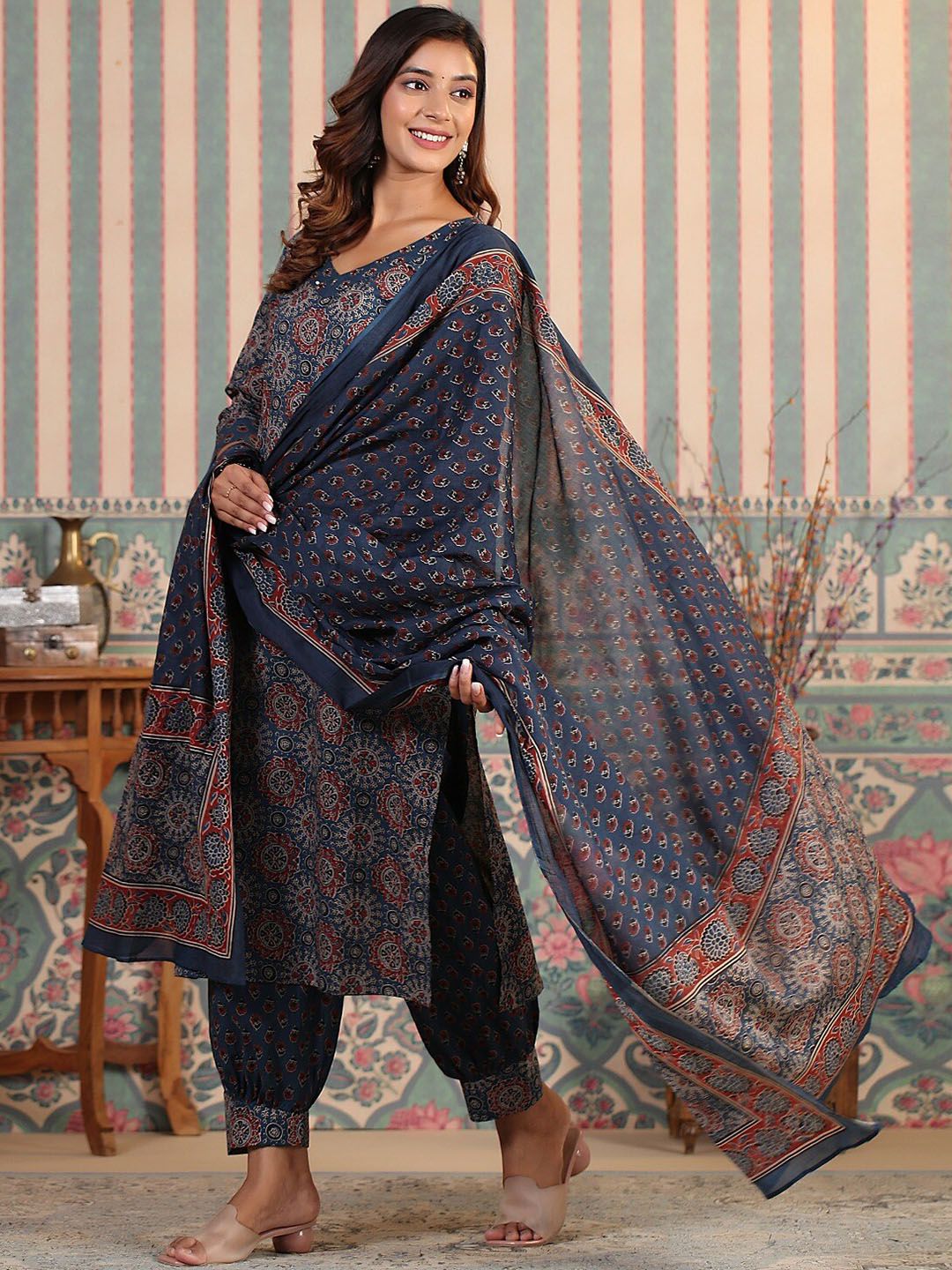 Dhiyona IS Women's ISHIN Sequinned Ajarakh Printed Cotton Straight Kurta with Printed Pants and Dupatta