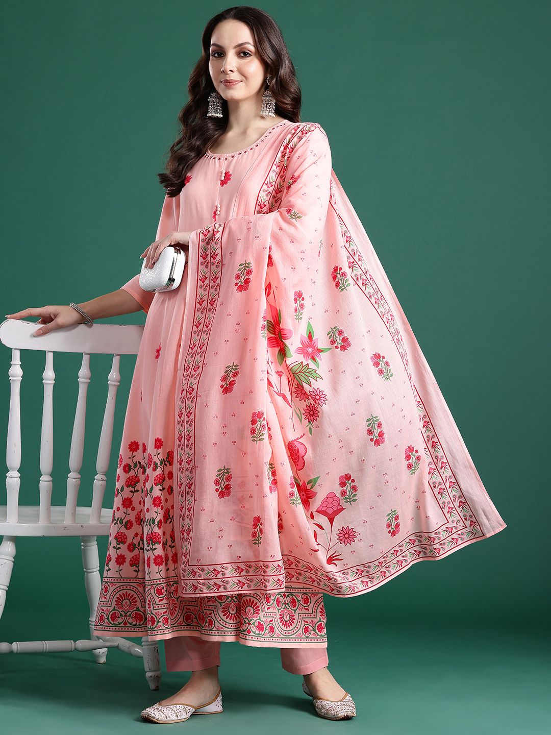 Dhiyona IE Floral Printed Beads & Stones Pure Cotton Kurta With Trousers & Dupatta