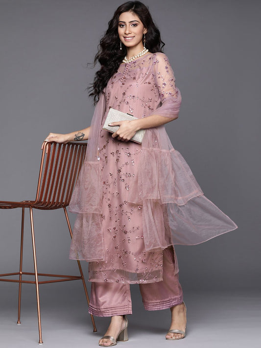 Dhiyona IN Women Mauve Net Floral Embroidered Sequinned Kurta with Palazzos & Dupatta
