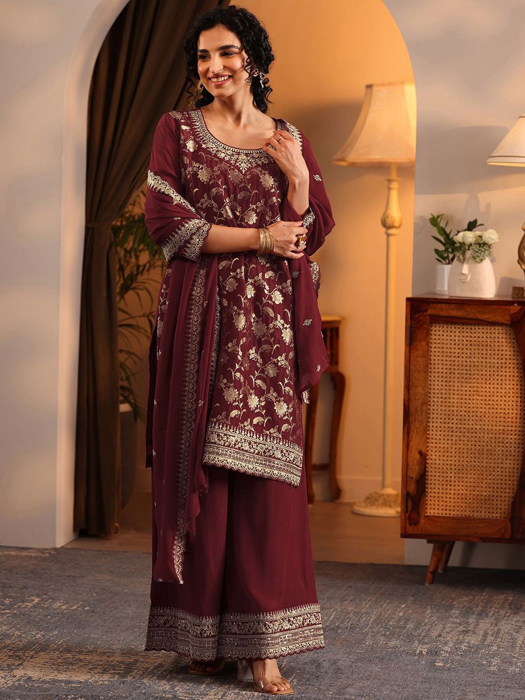 Dhiyona LL Floral Woven Design Straight Zari Kurta With Palazzos & Dupatta