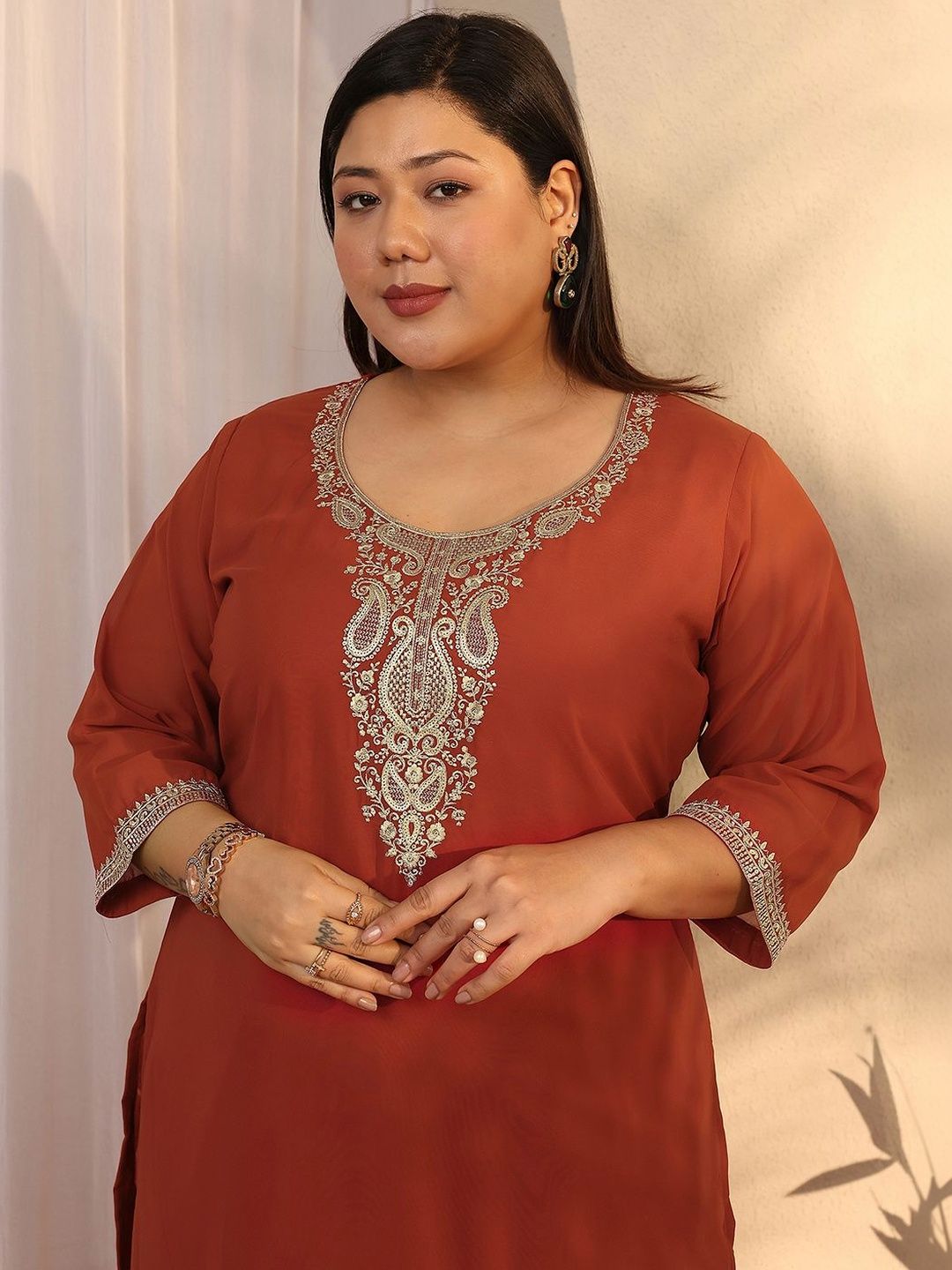 Dhiyona Women's Plus Size Ethnic Motifs Embroidered Kurta with Trouser & Dupatta