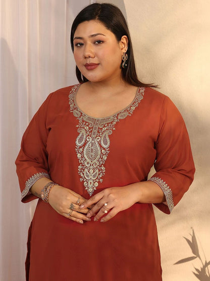 Dhiyona Women's Plus Size Ethnic Motifs Embroidered Kurta with Trouser & Dupatta