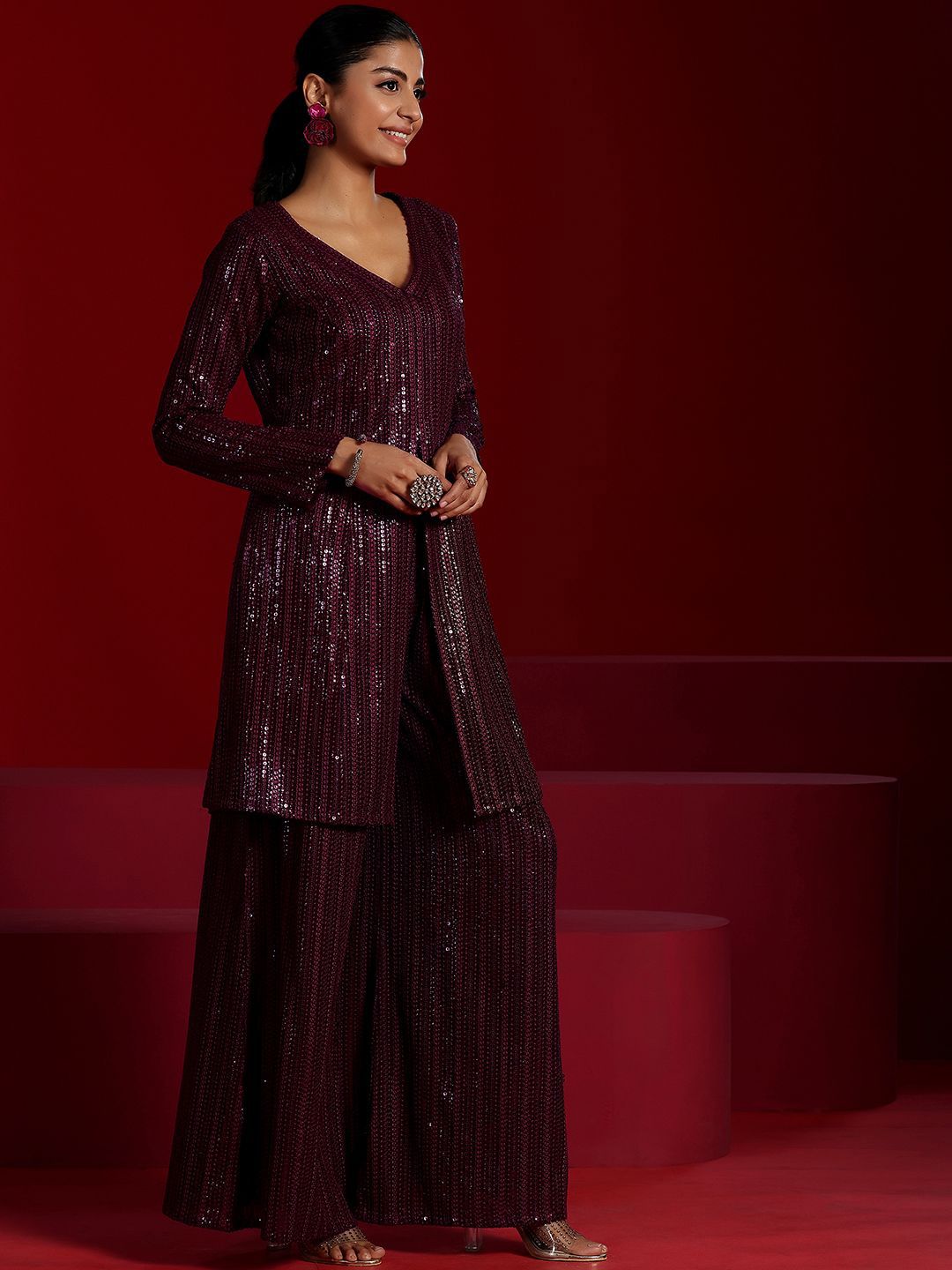 Dhiyona LL V-Neck Art Sequinned Embroidered Kurta with Palazzos & Dupatta