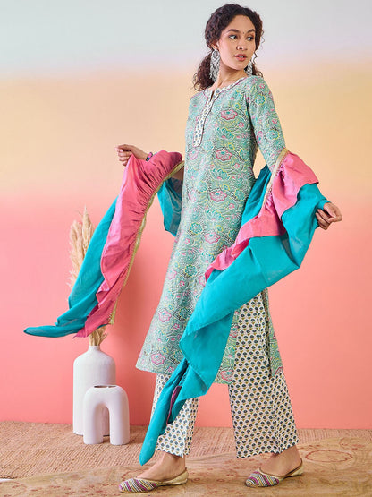 Floral Printed Notch Neck Pure cotton Kurta With Palazzos And Dupatta