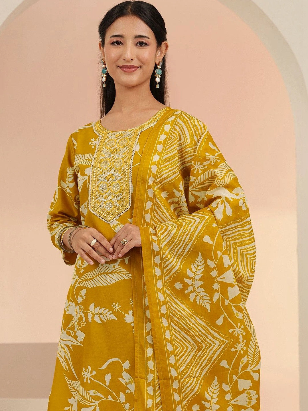 Mustard Floral Printed Cotton Blend Straight Suit Set