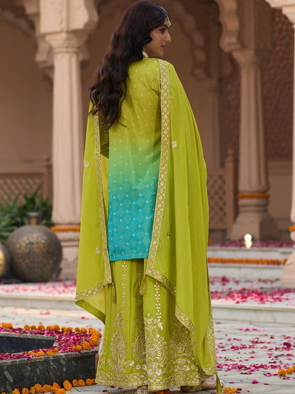 Dhiyona IE Women Ombre Embroidered Regular Kurta with Sharara & With Dupatta