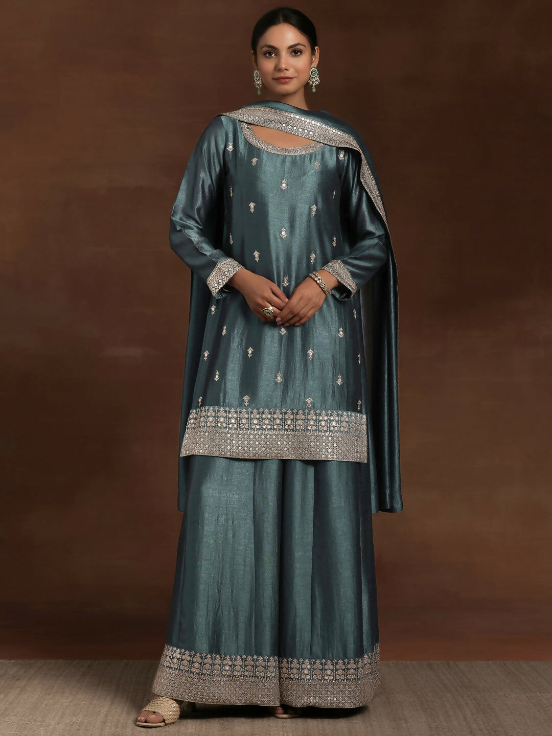 Women's LB Grey Embroidered Silk Blend Pakistani Suit