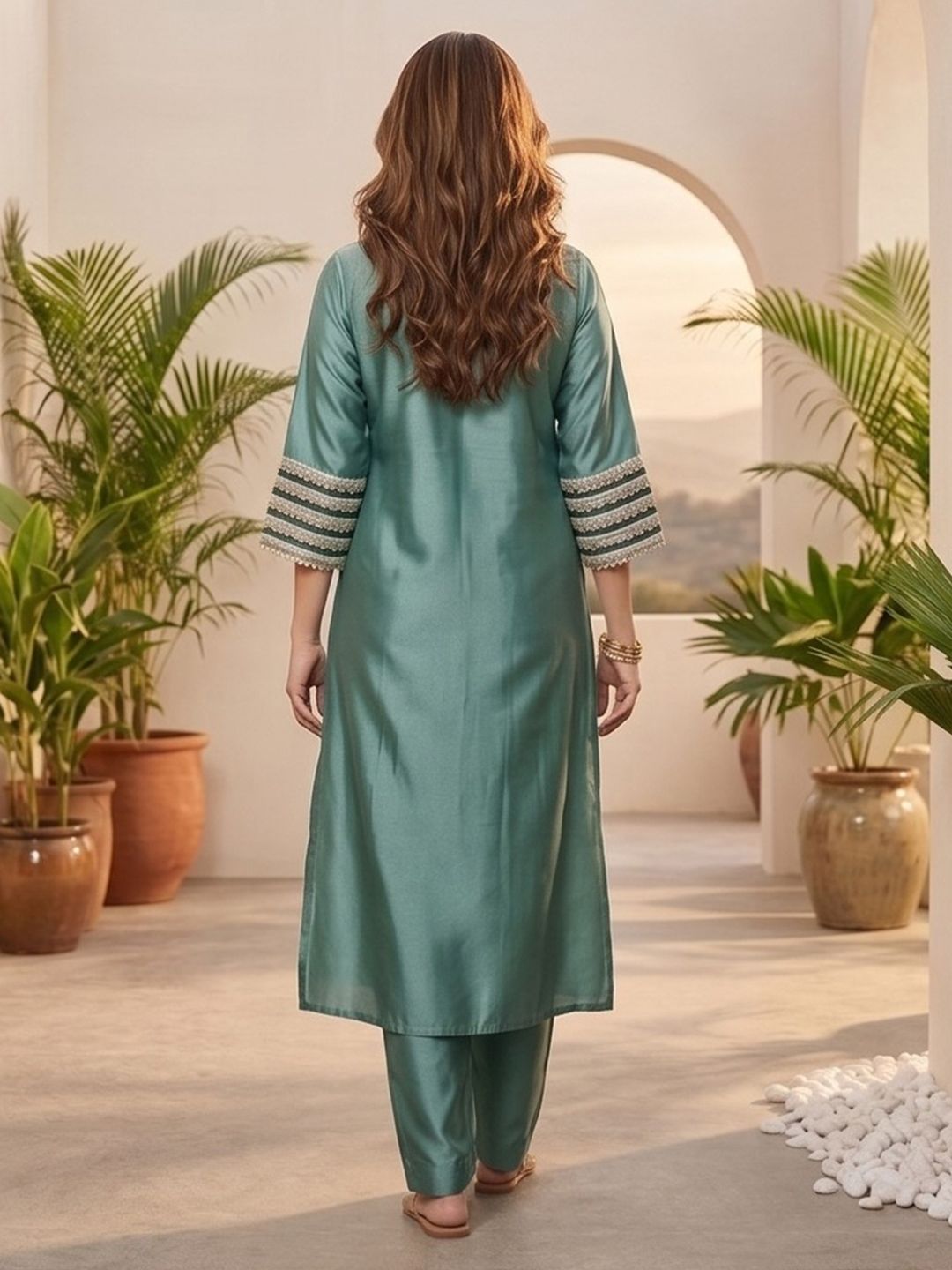 Sea Green Women Yoke Design Regular Kurta with Trousers