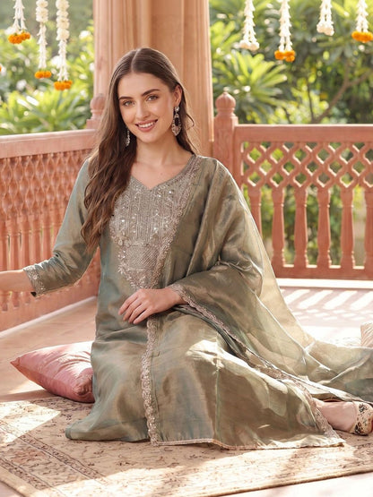 Women Ethnic Motifs Embroidered Regular Liva Kurta with Trousers & With Dupatta