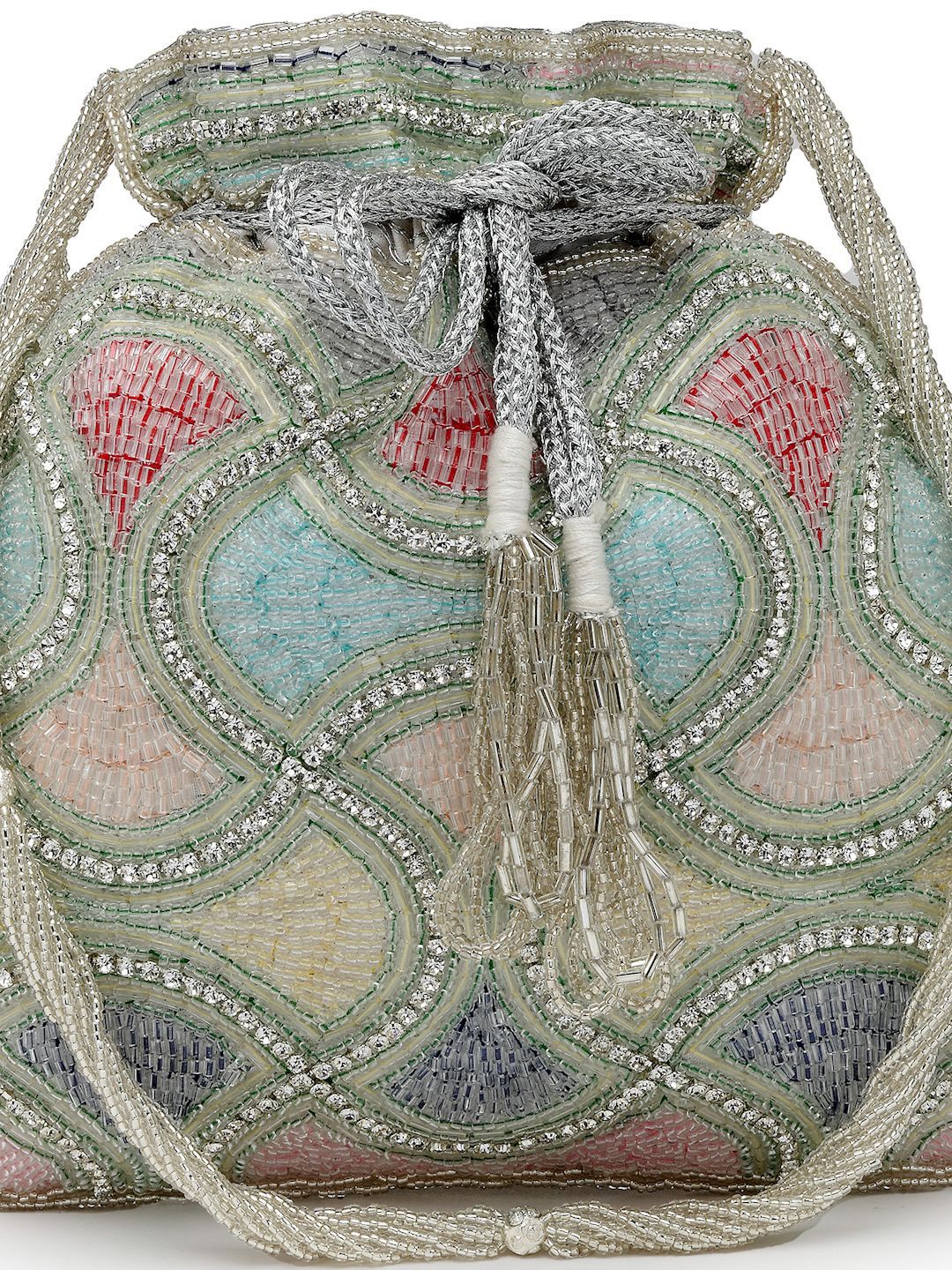 Dhiyona NR Dangle Silver & Pastel Multi Vermicular Embellished Faux Silk Potli