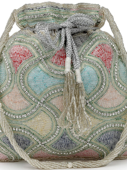 Dhiyona NR Dangle Silver & Pastel Multi Vermicular Embellished Faux Silk Potli