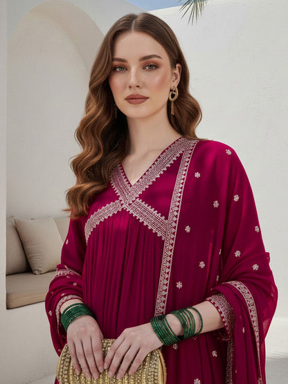 Dhiyona CH Women Ethnic Motifs Embroidered Panelled Thread Work Kurta with Trousers & With Dupatta