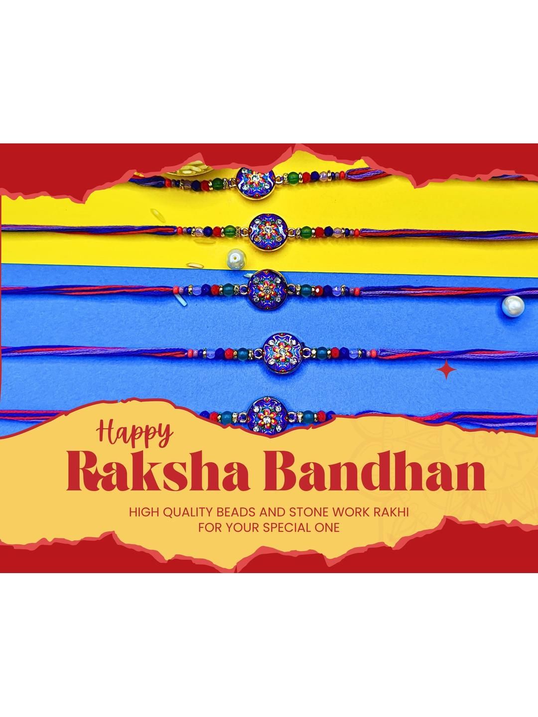 Dhiyona Set Of 6 Beaded Cotton Thread with AD Stones & Meenakari Designer Rakhi for Brother