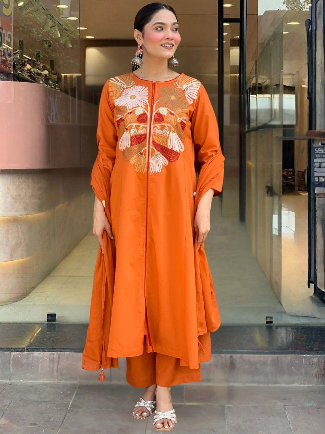 Dhiyona KL Floral Yoke Design Chanderi Silk Thread Work A-Line Kurta & Palazzos With Dupatta