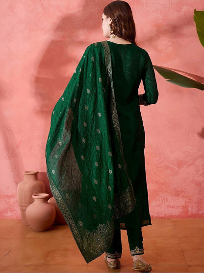Women Floral Embroidered Regular Thread Work Kurta with Trousers & With Dupatta
