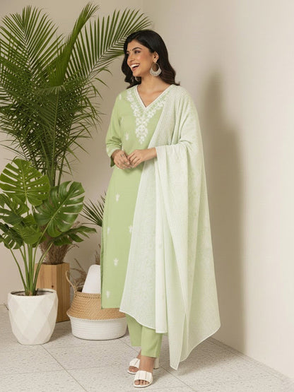 Embroidered V-Neck Kurta & Trousers With Dupatta