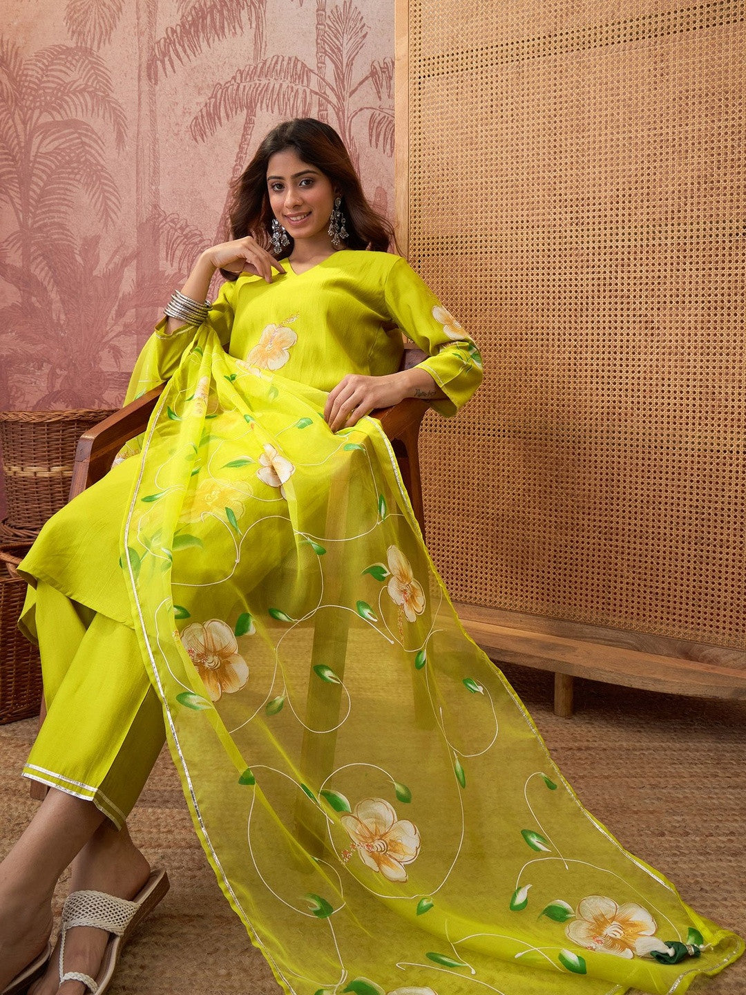 Hand block Printed V-Neck Kurta & Trousers With Dupatta