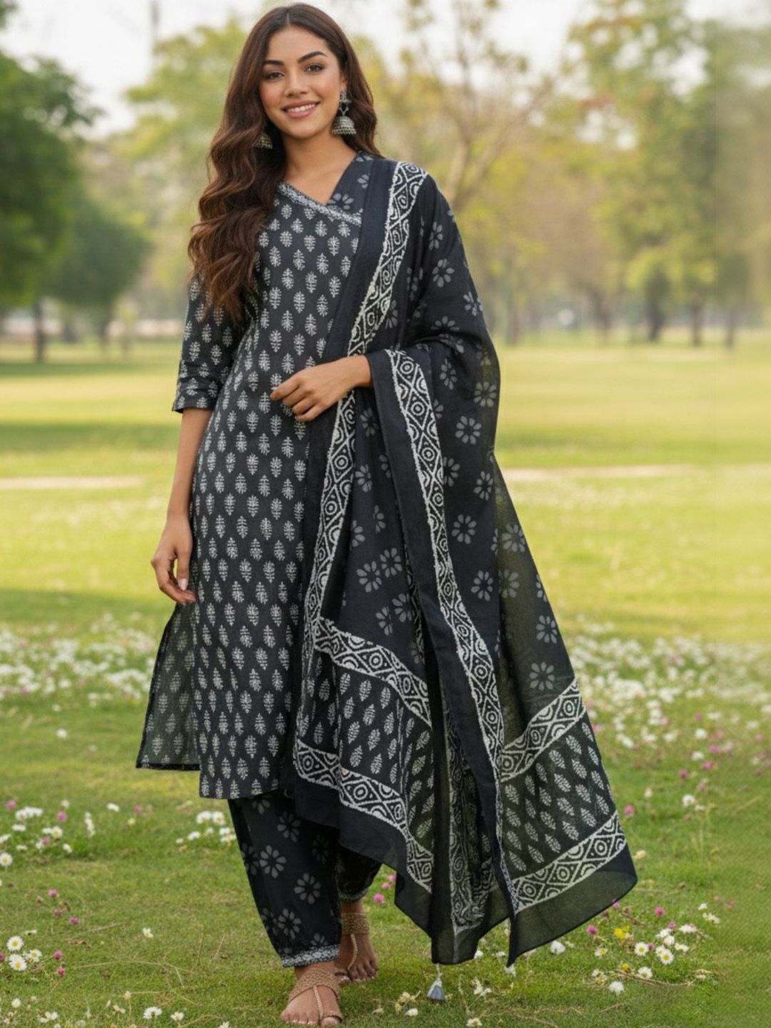 Black Ethnic Motifs Printed V-Neck Angrakha A-Line Kurta With Patiala & Dupatta