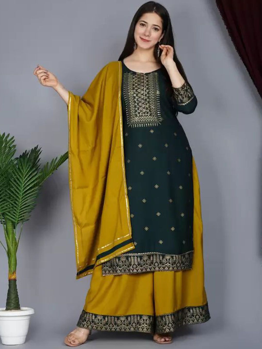 Dhiyona KL Women Embroidered Regular Mirror Work Kurta with Palazzos & With Dupatta