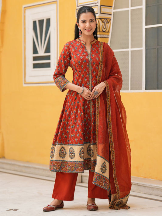 Dhiyona RR Women's Ethnic Motifs Printed Cotton Anarkali Kurta with Trousers & Dupatta
