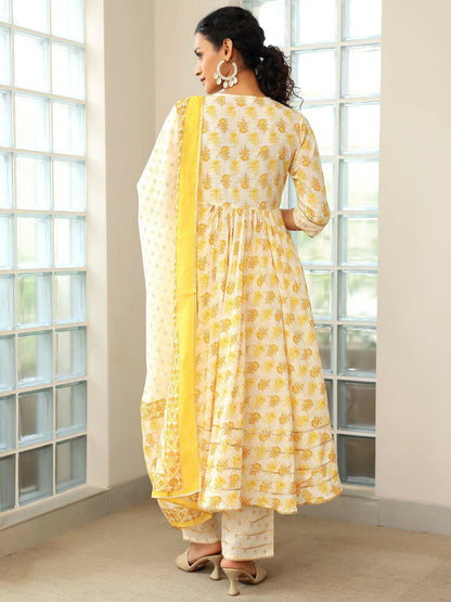 Women's LB Mustard Printed Cotton Anarkali Suit With Dupatta