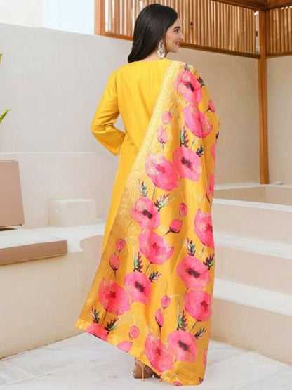 Dhiyona IS Women's Women Ethnic Motifs Self Design Pure Silk Kurta with Trousers & Dupatta